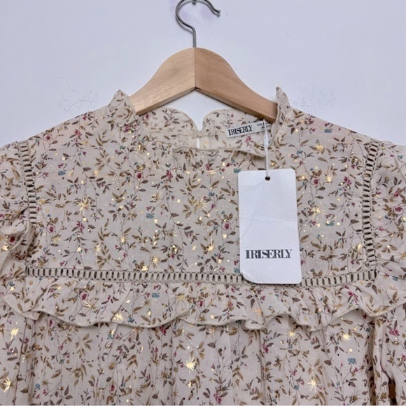 Iriserly Floral Gold Stars Ruffle Prairie Lightweight Romantic Feminine Blouse S - Picture 3 of 16